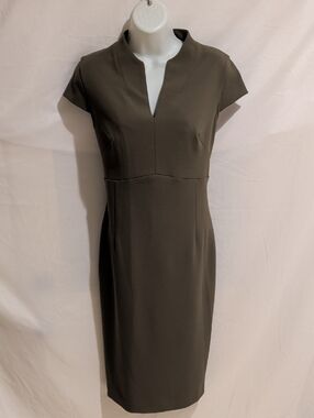 Calvin Klein Olive Midi Sheath Dress with Notch V-Neck